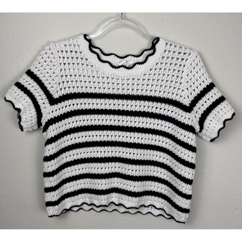 Gap Women's S Cotton Open Knit Sweater Black Cream Striped Preppy Twee Coastal
